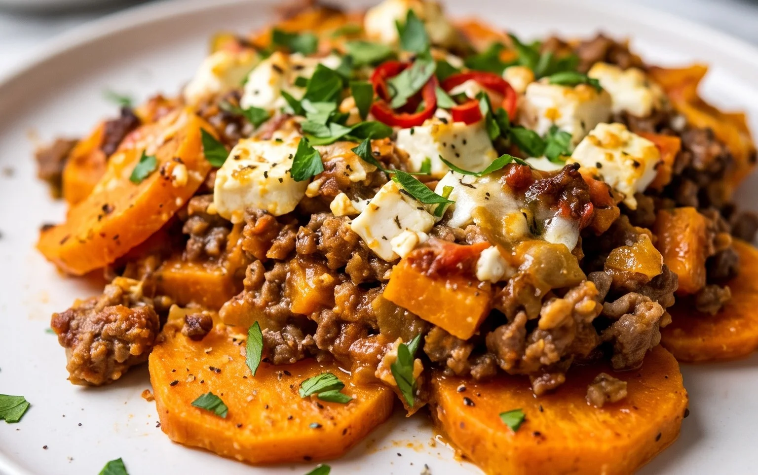 Süßkartoffel-Hackfleisch-Auflauf mit Feta