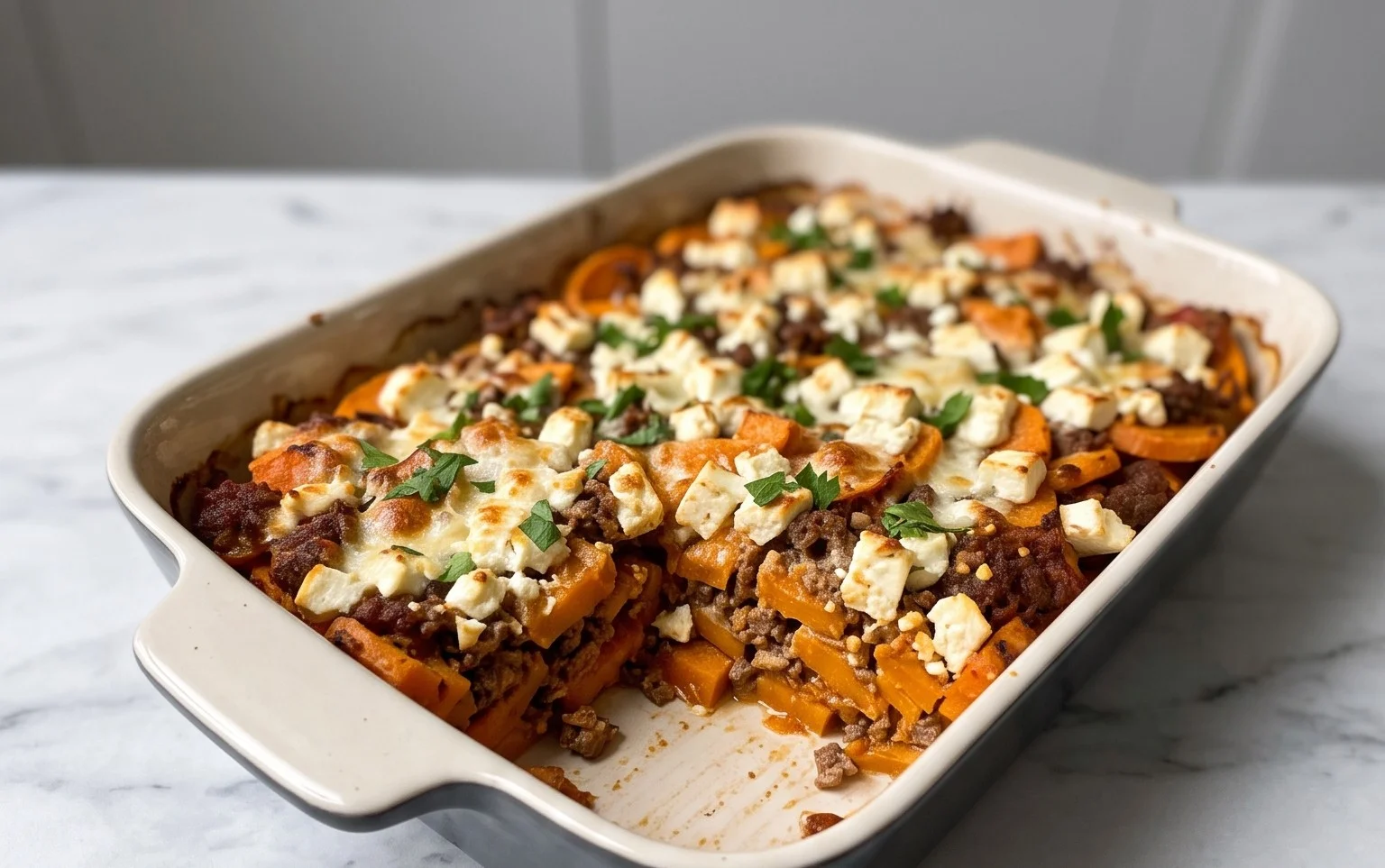 Süßkartoffel-Hackfleisch-Auflauf mit Feta: Herzhaft & cremig